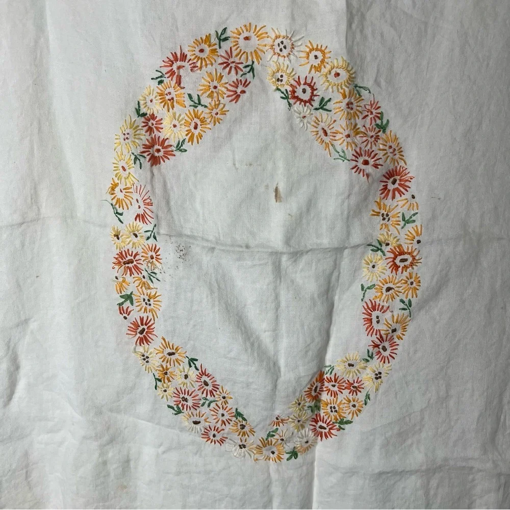 Vintage Hand Embroidered Square Table‎ Cloth Floral 35”x35” White Orange Yellow